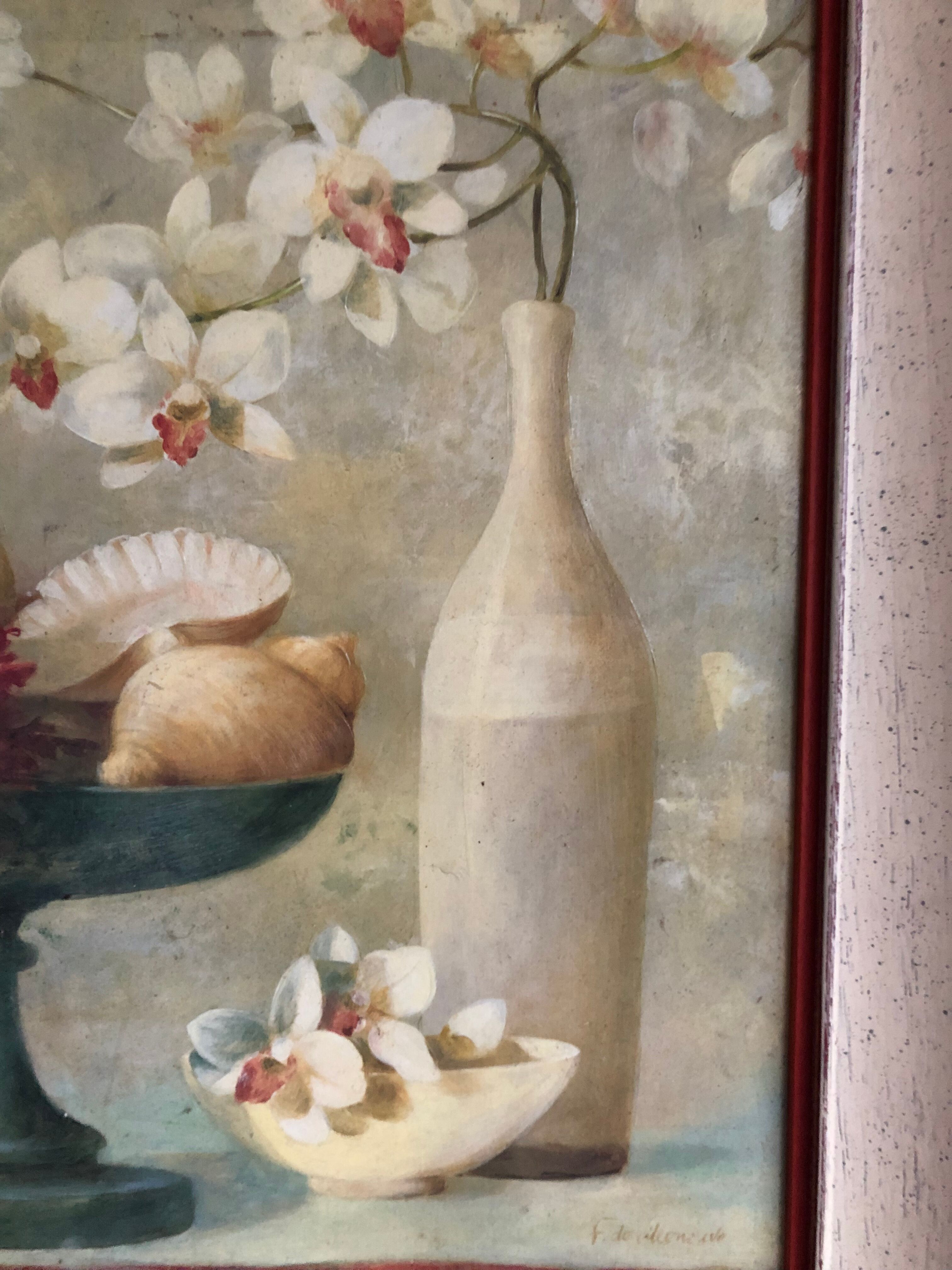 Oil on canvas Flowers and shells F. De Villeneuve