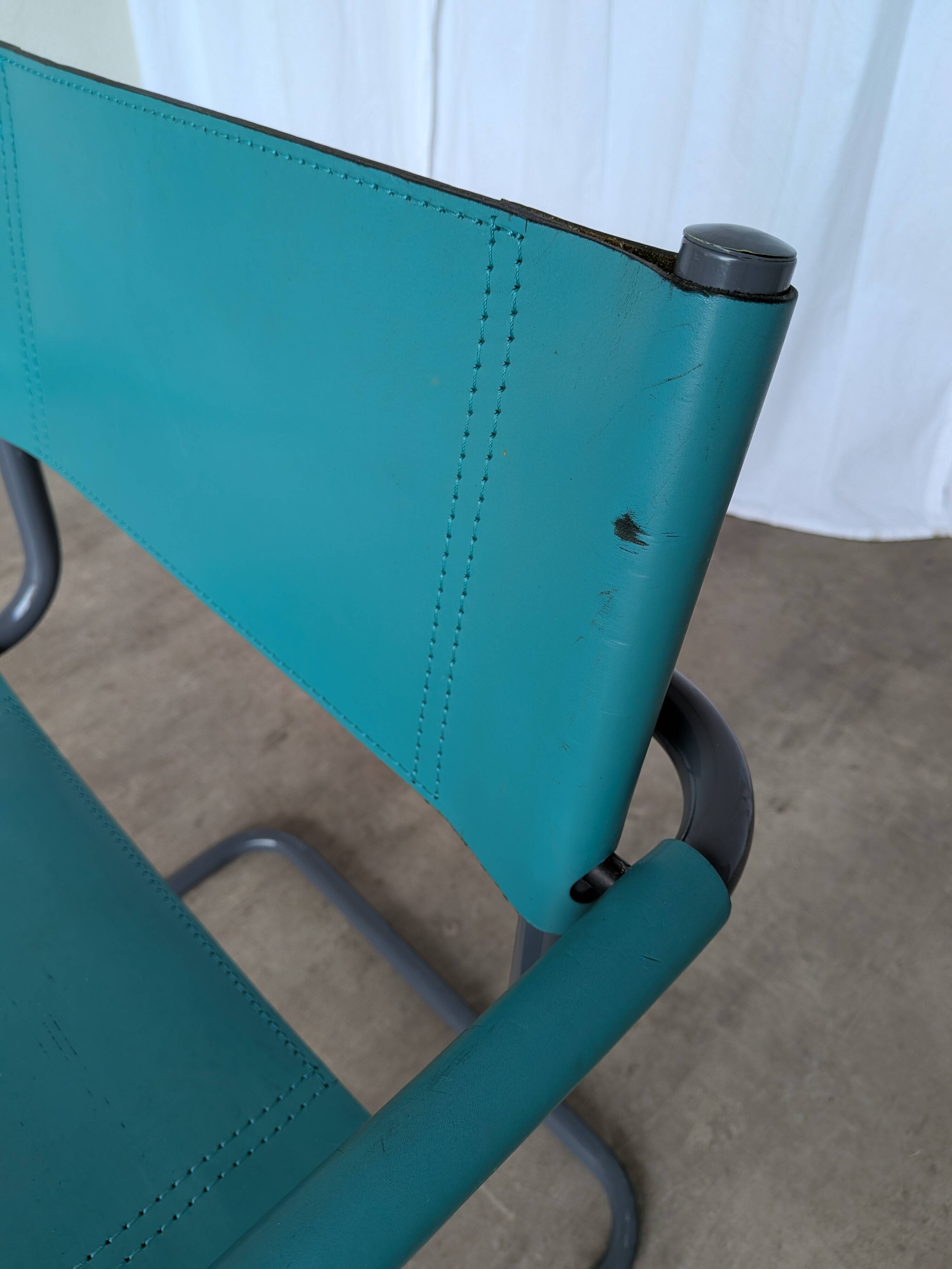 Vintage Mart Stam Style Armchair: Turquoise Leather, Black Chrome Cantileve