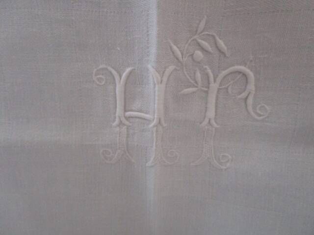 Antique damask tablecloth, monogrammed 140x160cm