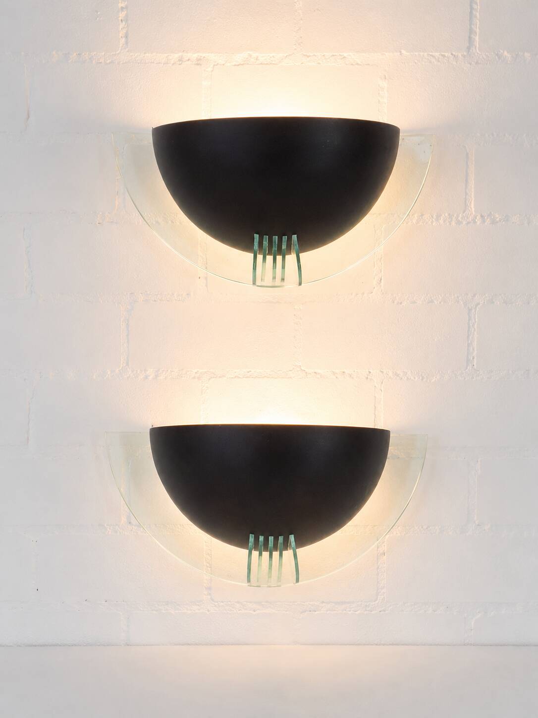 Pair of vintage 80s wall lights in plexiglass and glass design.