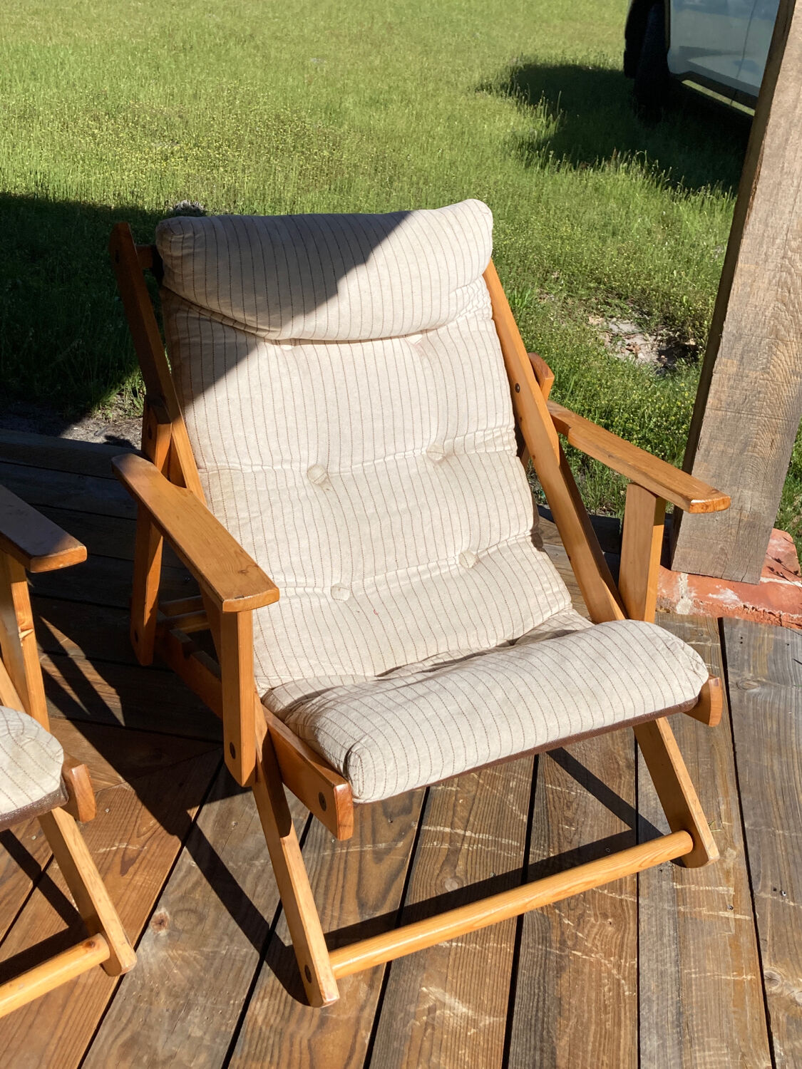 4 garden armchairs 1970 in pine and beige fabric
