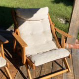 4 garden armchairs 1970 in pine and beige fabric