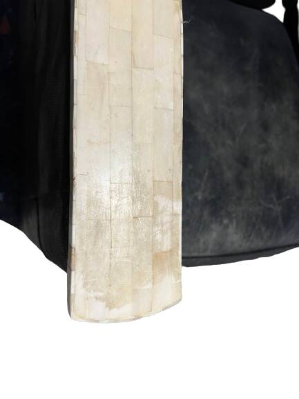 Pair of leather armchairs with marquetry armrests