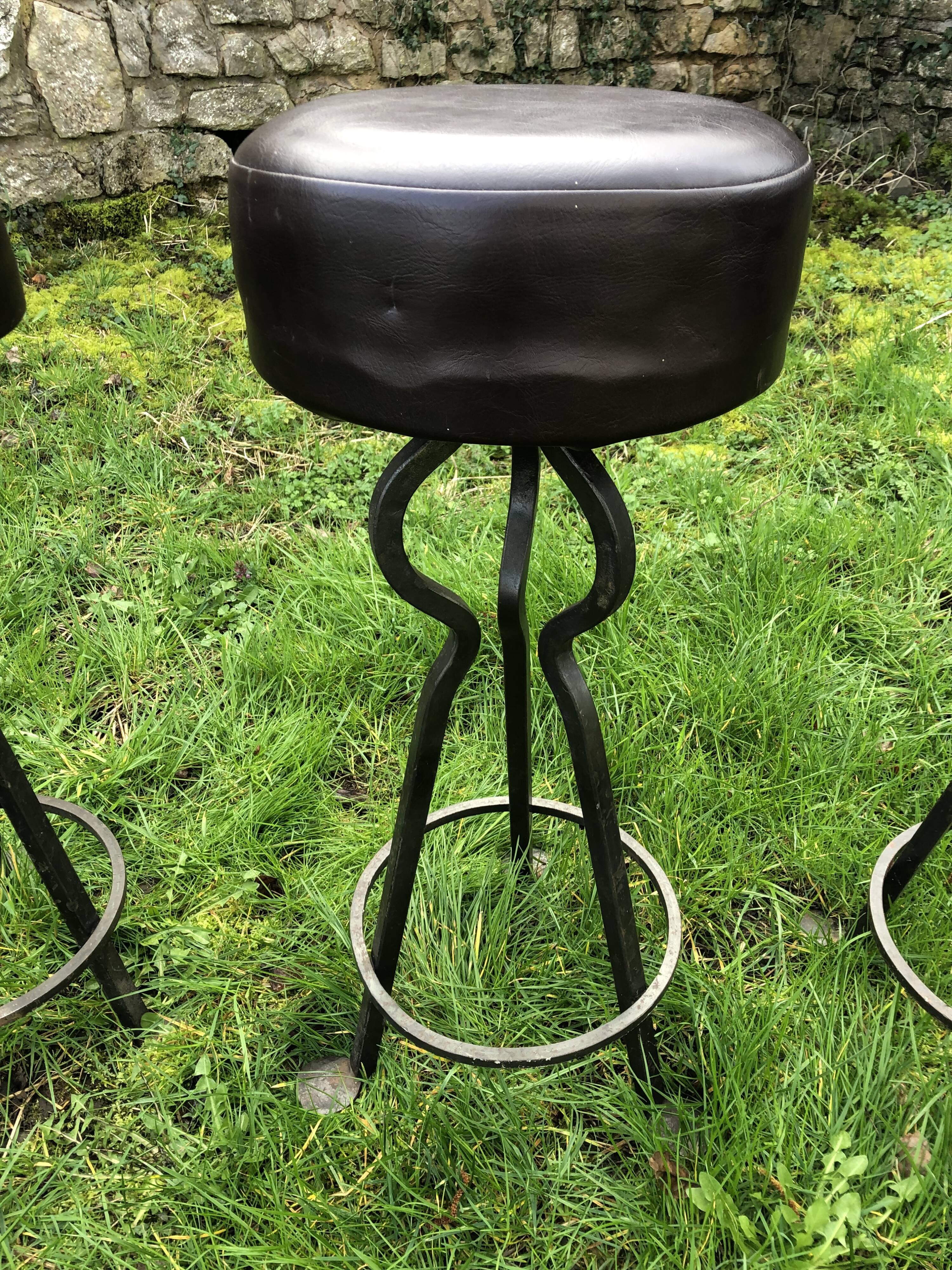 Vintage leather and wrought iron bar stools