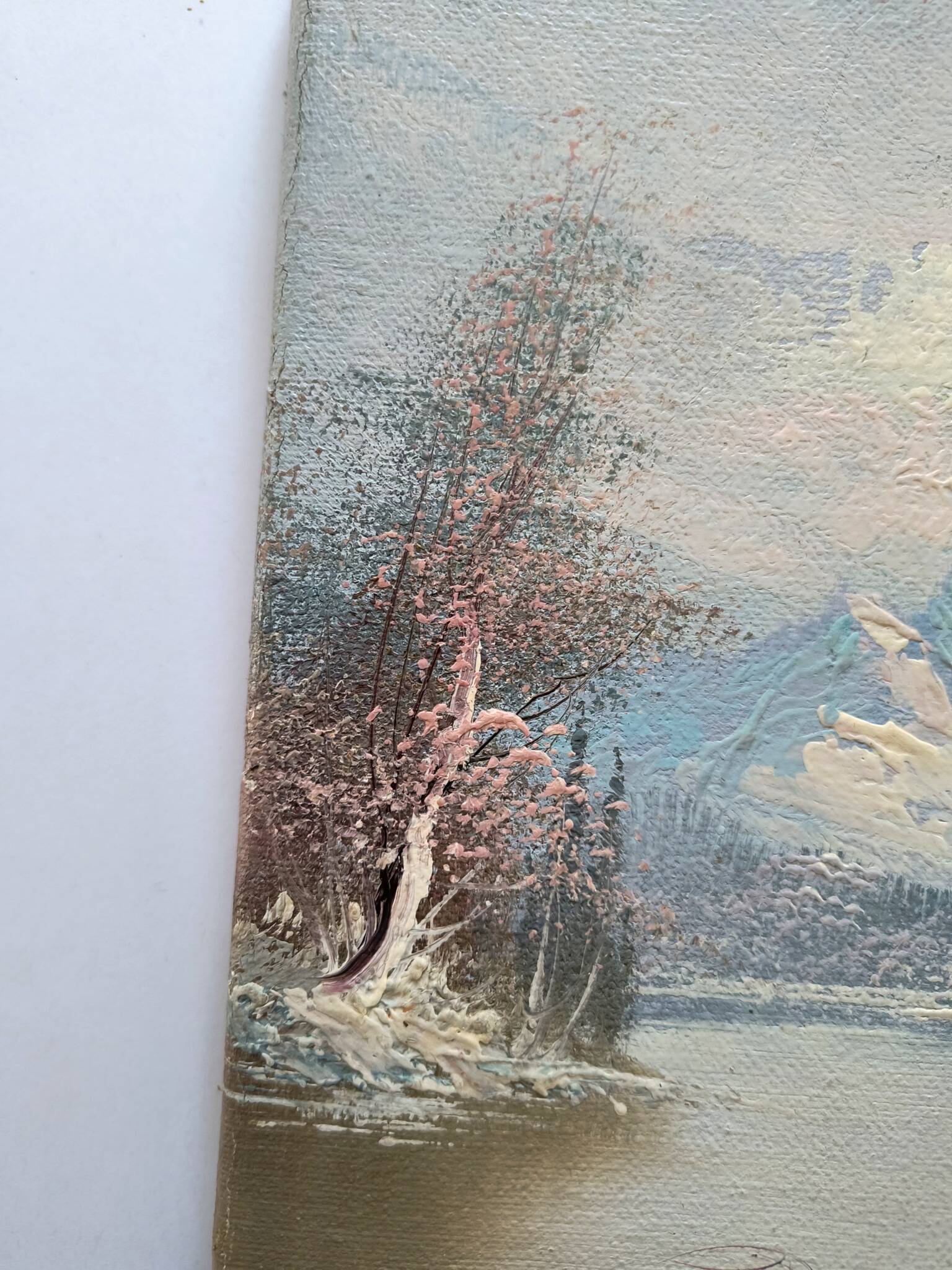Vintage oil painting – Forest by the lake under a pastel sky