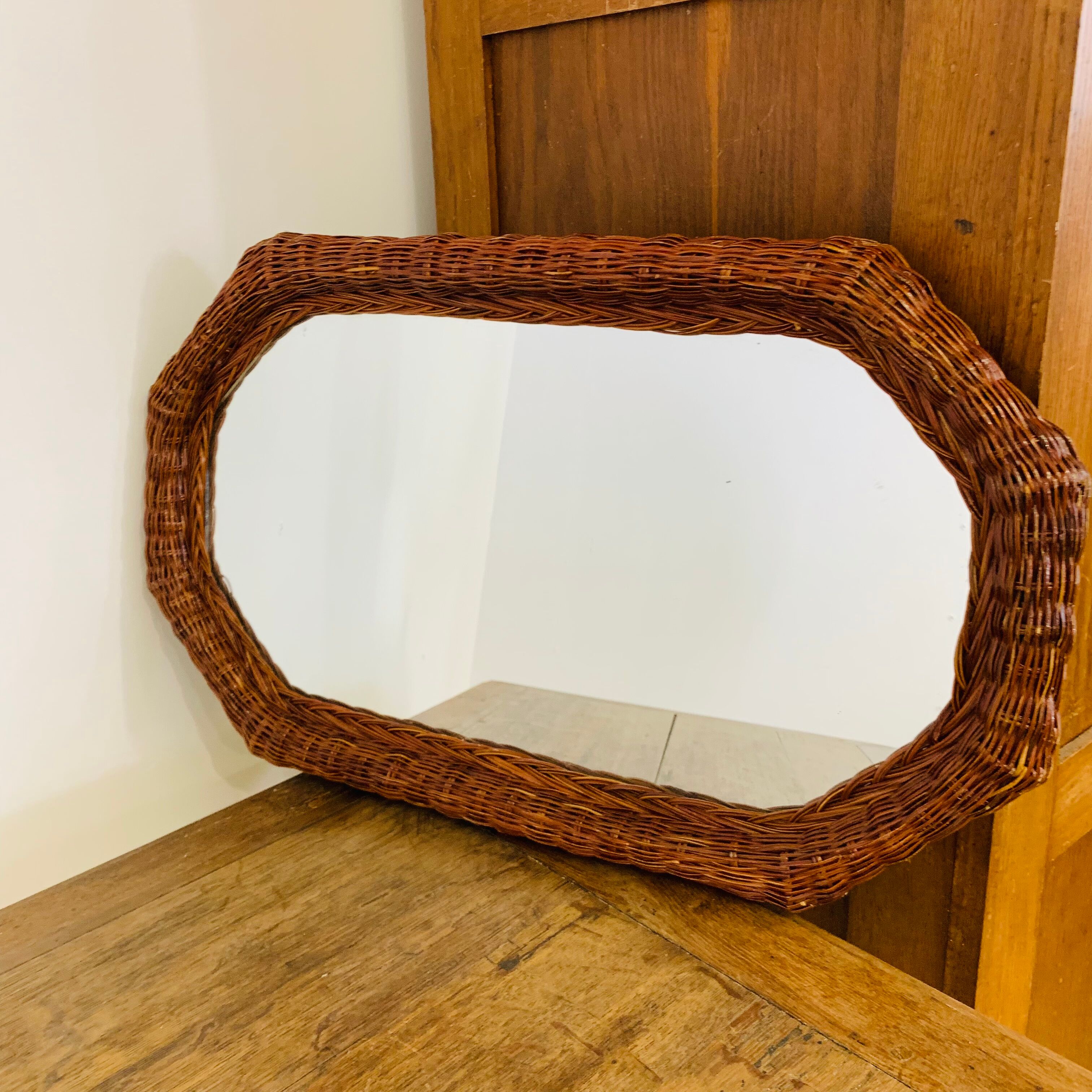 Octagonal wicker mirror
