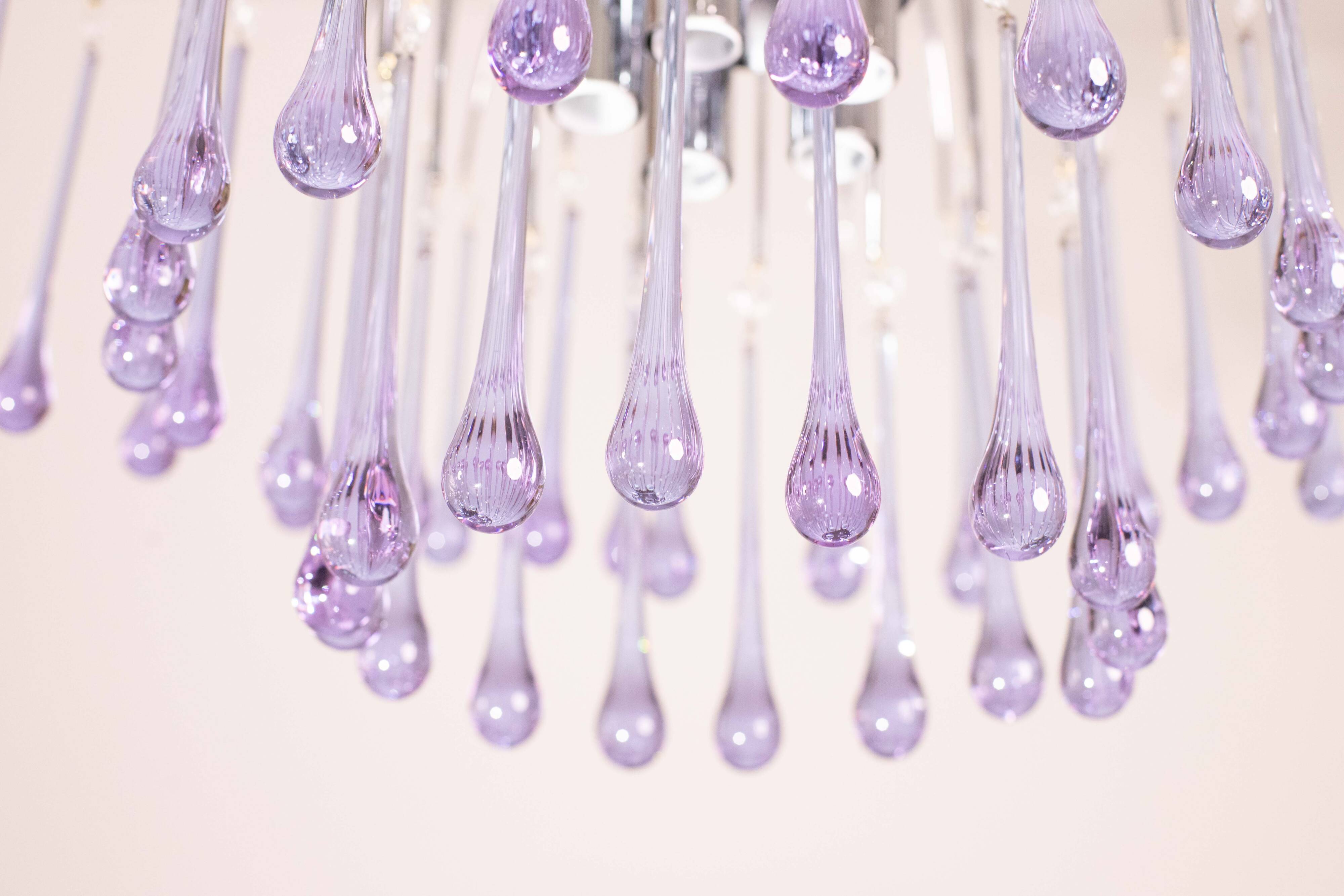 The Purple Crown, LArge Size Murano Chandelier Purple and Crystal Drops, 19