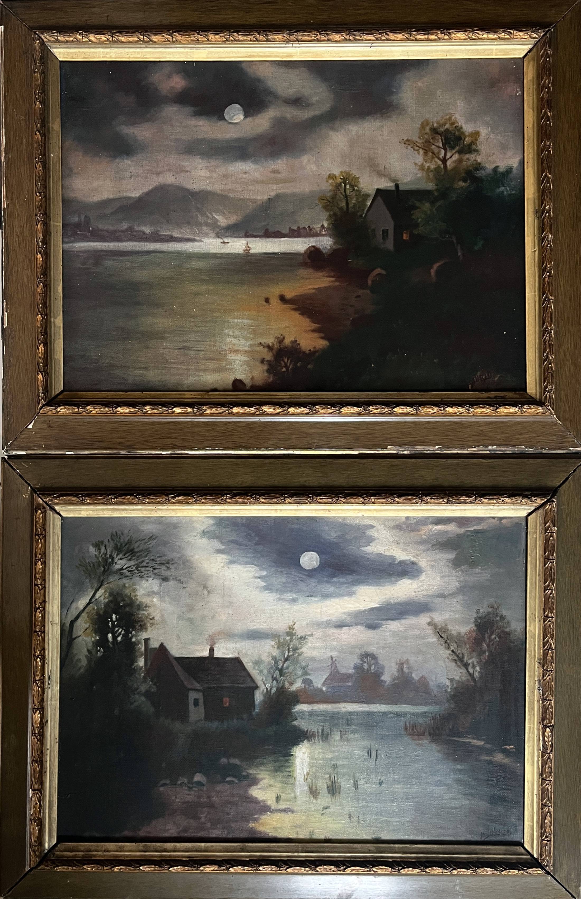 Pendant of HST painting "Landscape in the moonlight" signed + frame circa 1920