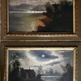 Pendant of HST painting "Landscape in the moonlight" signed + frame circa 1920