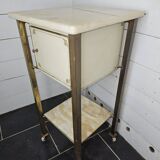 Bedside table in patinated iron, brass and marble tops