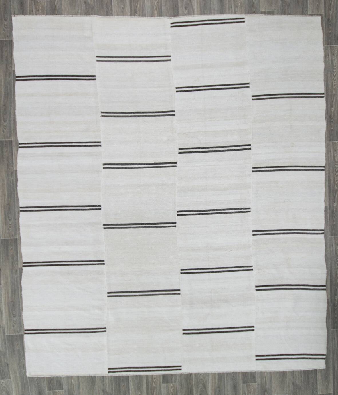 %100 Wool Beige & Black Striped Vintage Kilim Rug, 309x366 Cm