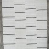 %100 Wool Beige & Black Striped Vintage Kilim Rug, 309x366 Cm