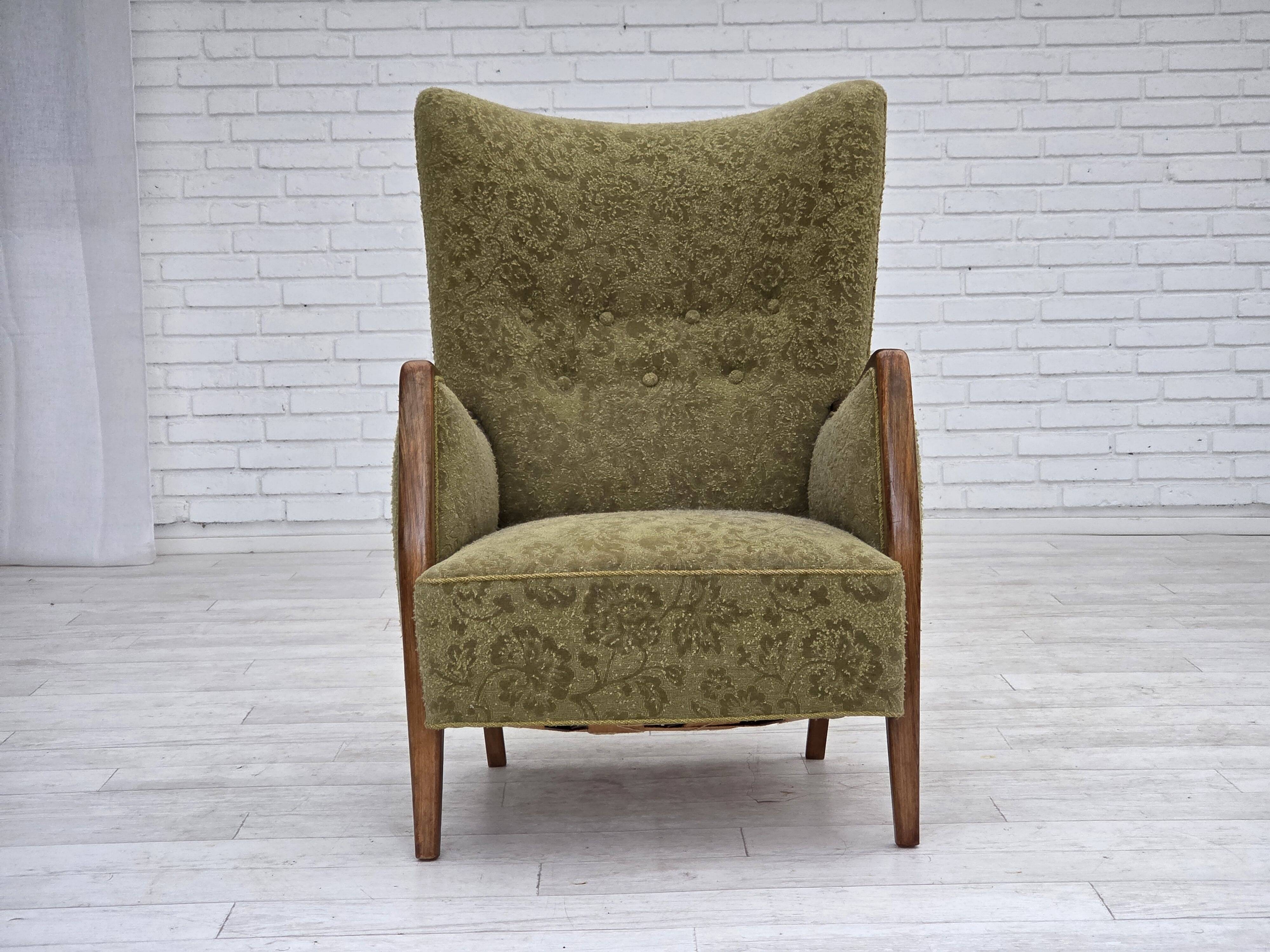1960s, Danish armchair, original green furniture velour, ash wood