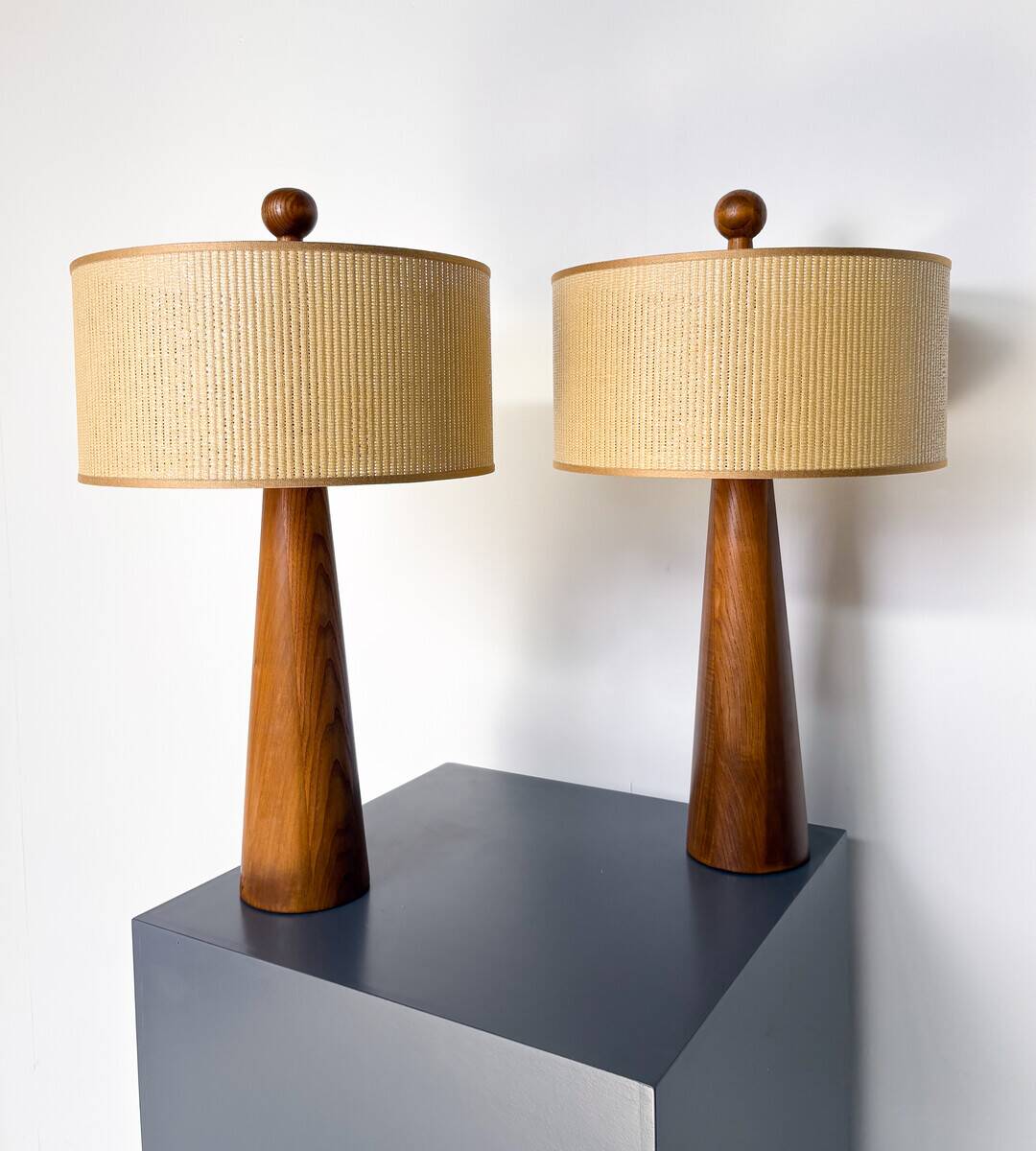 Pair of Modern Conical Wooden Table Lamps, Italy