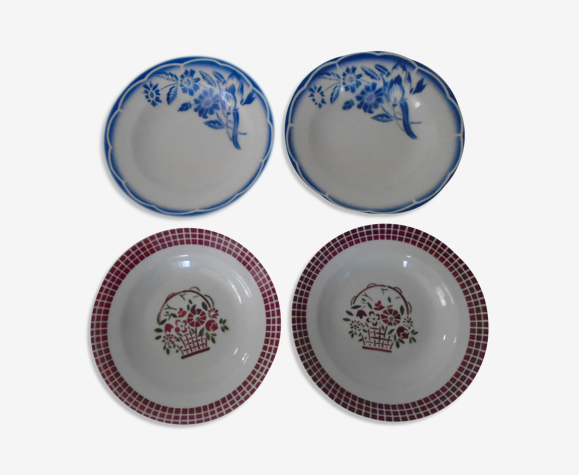 4 assiettes faience ancienne fleurs bleues et damiers rouges Sarreguemines  Digoin | Selency