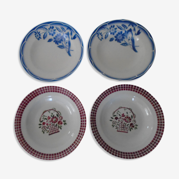 4 assiettes faience  ancienne  fleurs bleues et damiers rouges  Sarreguemines Digoin