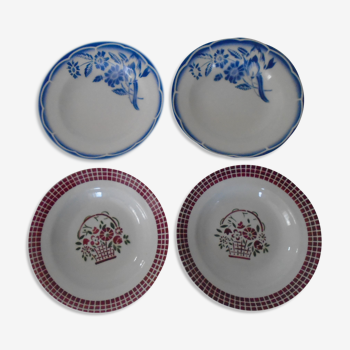 4 Old faience plates blue flowers and red checkerboards
