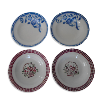 4 assiettes faience  ancienne  fleurs bleues et damiers rouges  Sarreguemines Digoin