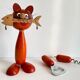 Tire-bouchon chat en bois vintage
