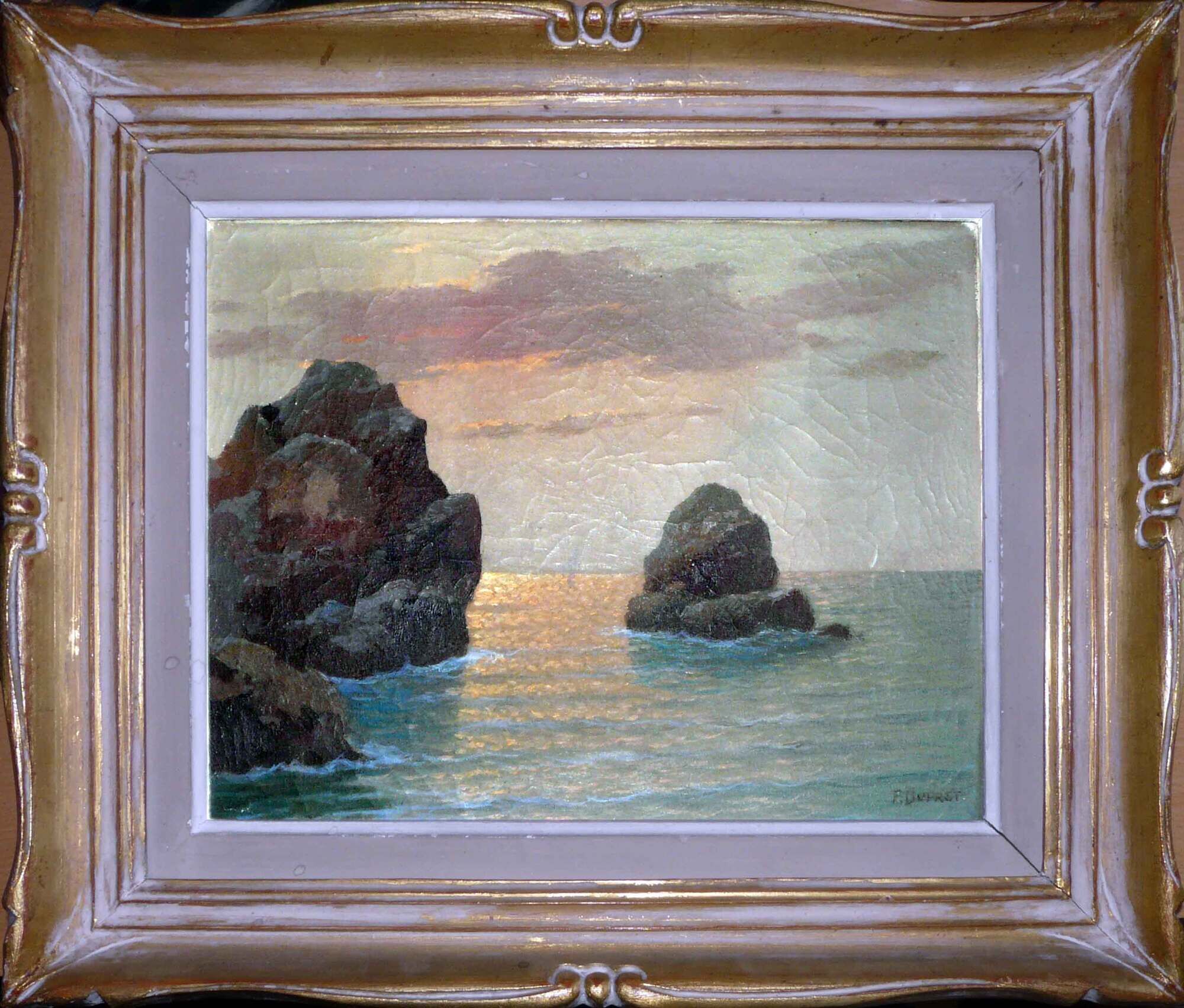 Superb seaside table with crespuscule by P. Dupret with frame