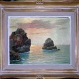 Superb seaside table with crespuscule by P. Dupret with frame