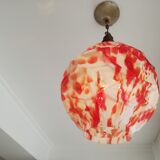 Art deco wood and  murano glass red globe hanging lamp