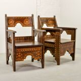 Set of Middle East Design Carved Wooden Moorish Decorated Side Chairs 1950s