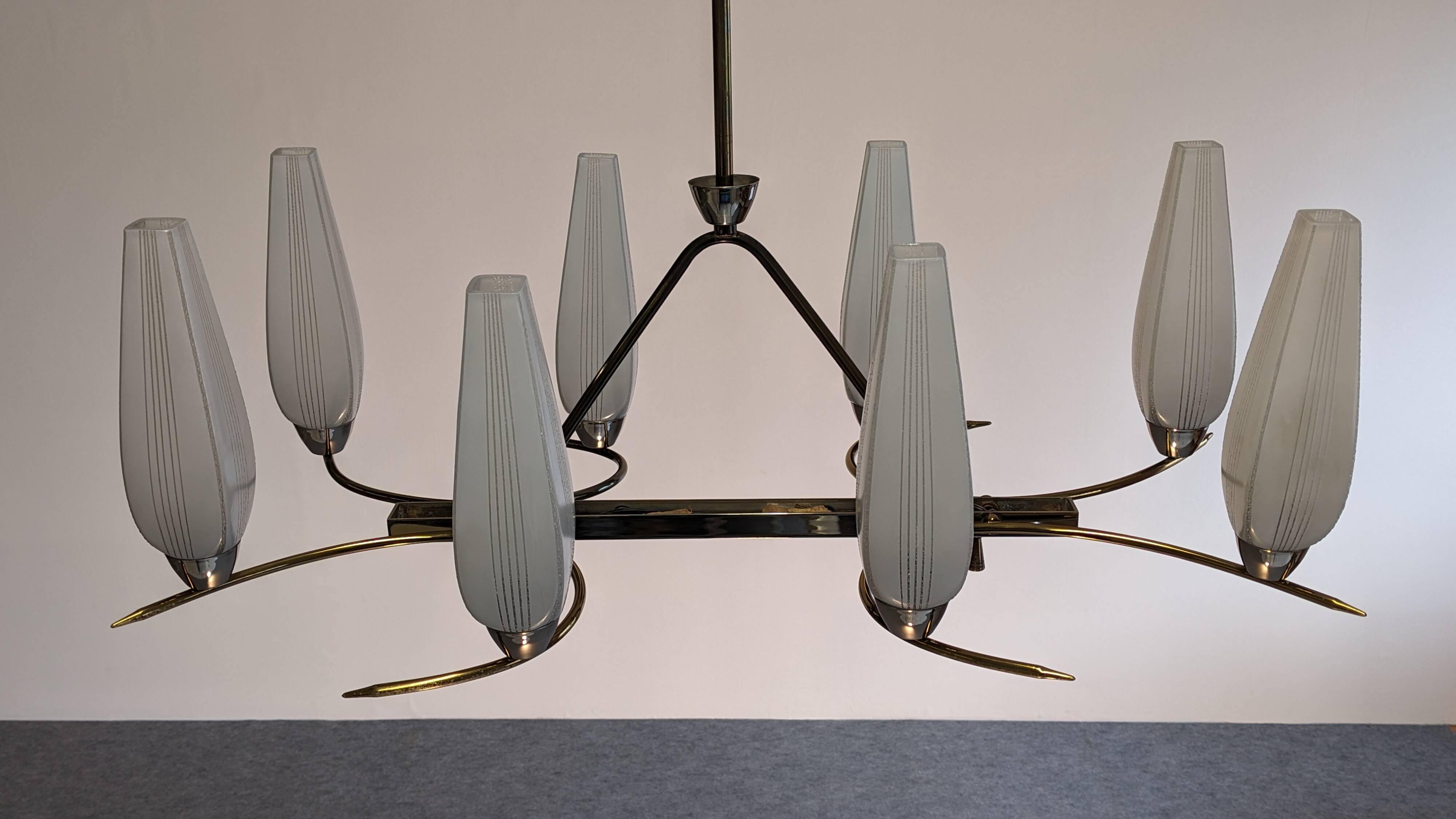 8-light brass chandelier, 50s-60s
