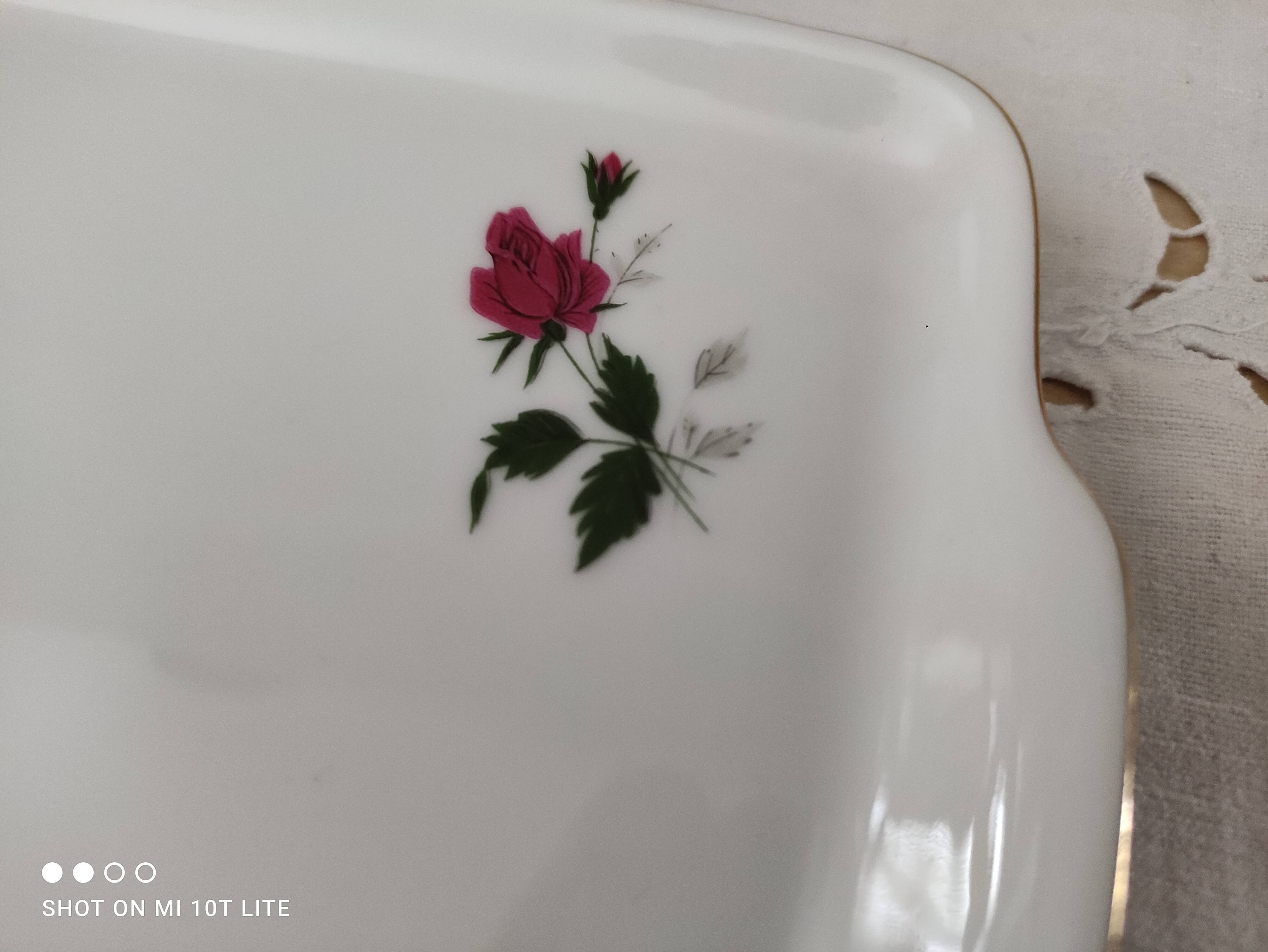 Porcelain ear cake dish Bavaria white décor roses fushia bordered gold