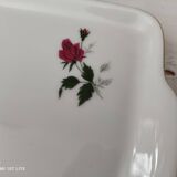 Plat à cake à oreilles en porcelaine Bavaria blanche décor roses fushia liseré doré