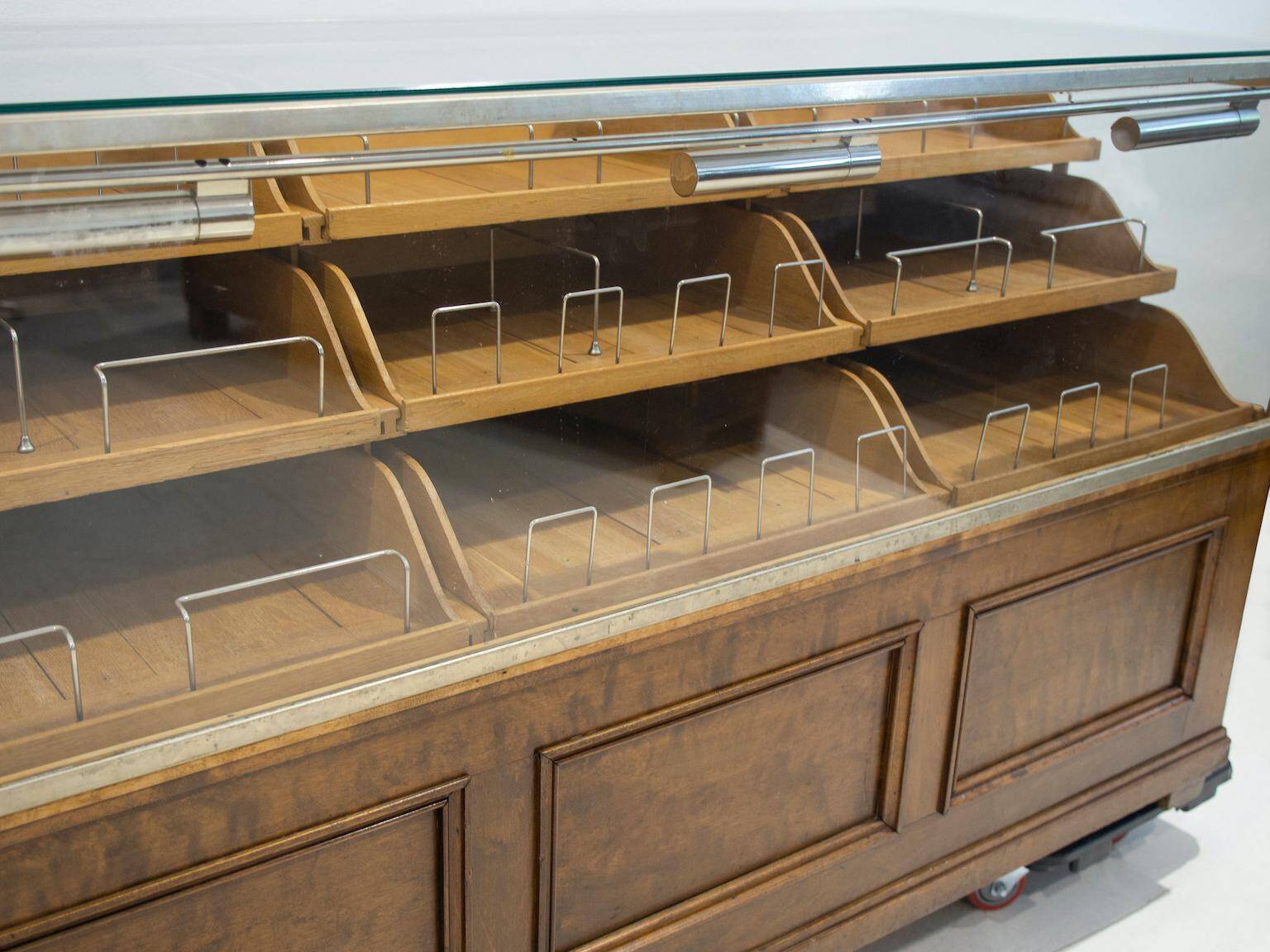 Shop counter made of birch and oak with twenty drawers, 1940s.