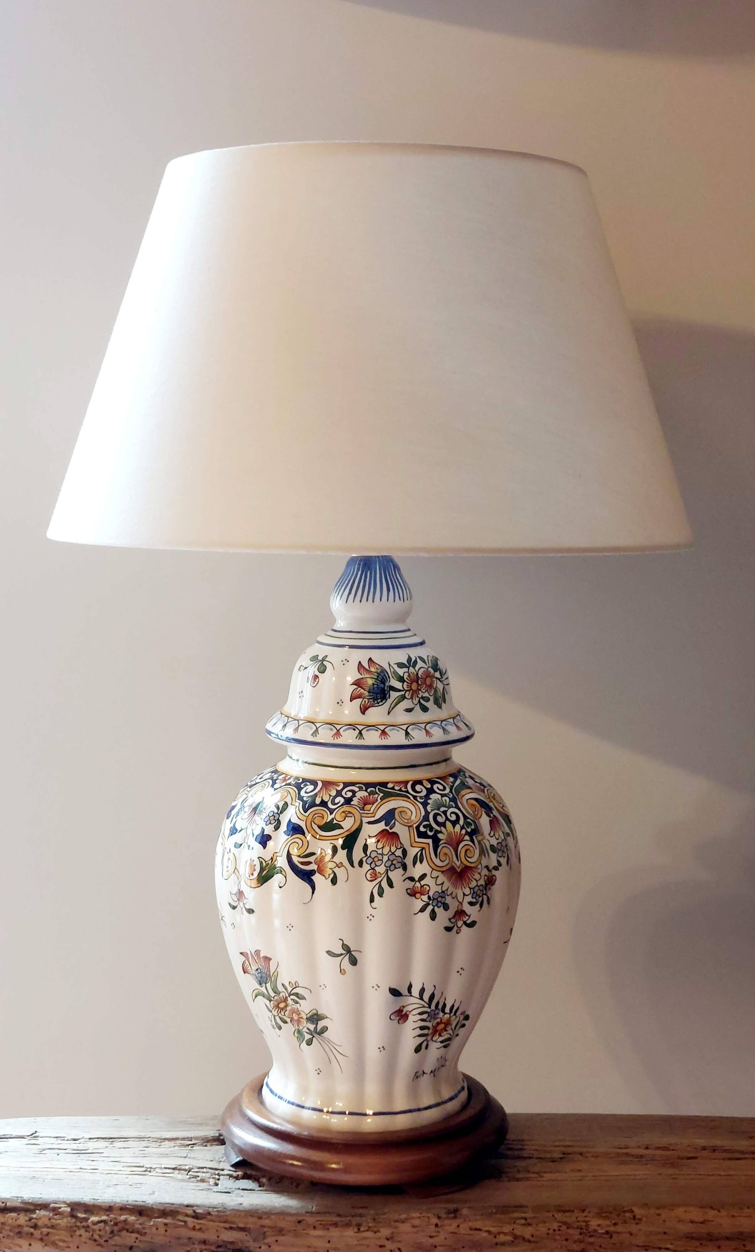 Hand-painted Rouen-style faience lamp, new artisan lampshade.