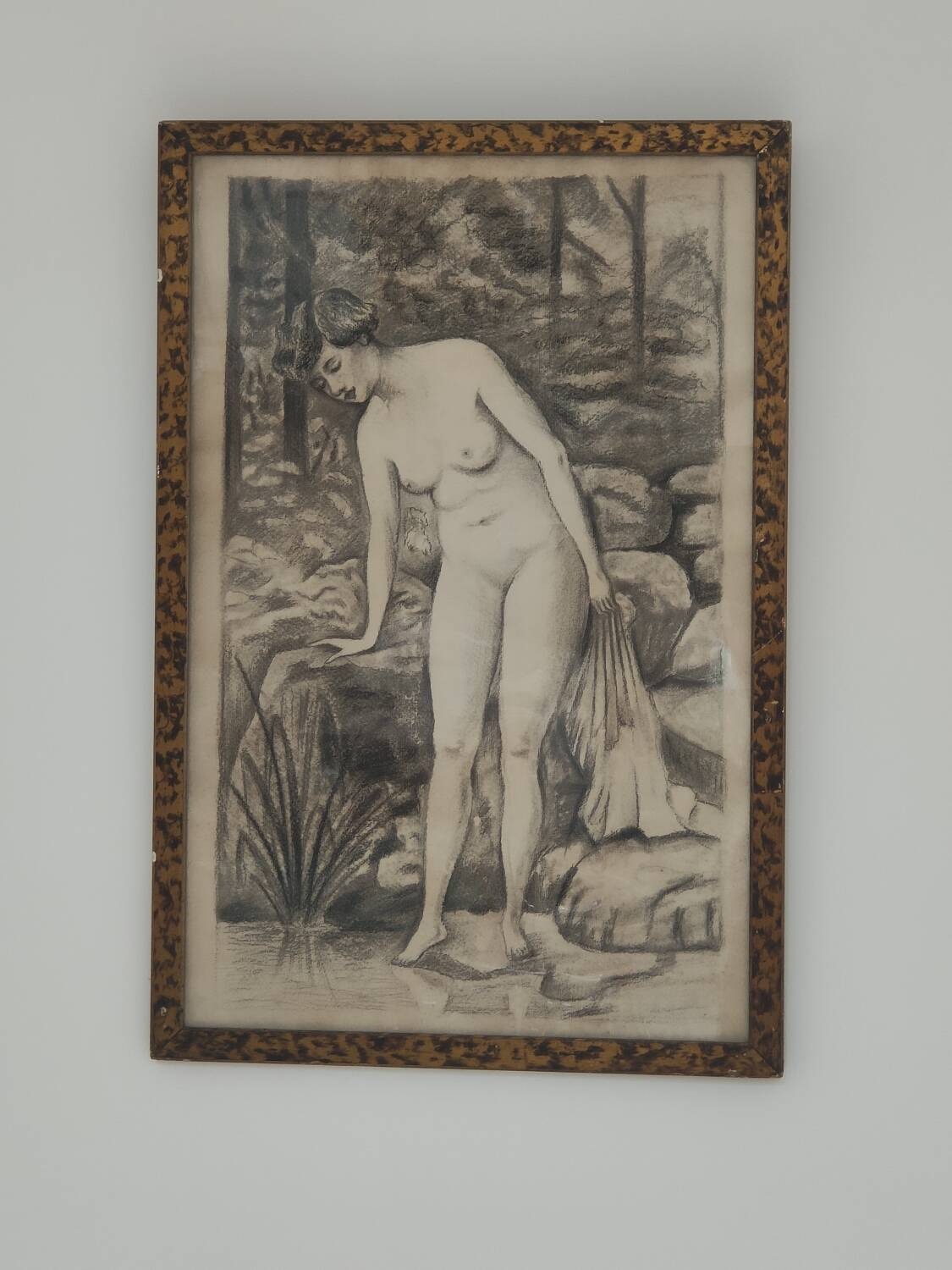 Fusain Femme nue estampe encadrée