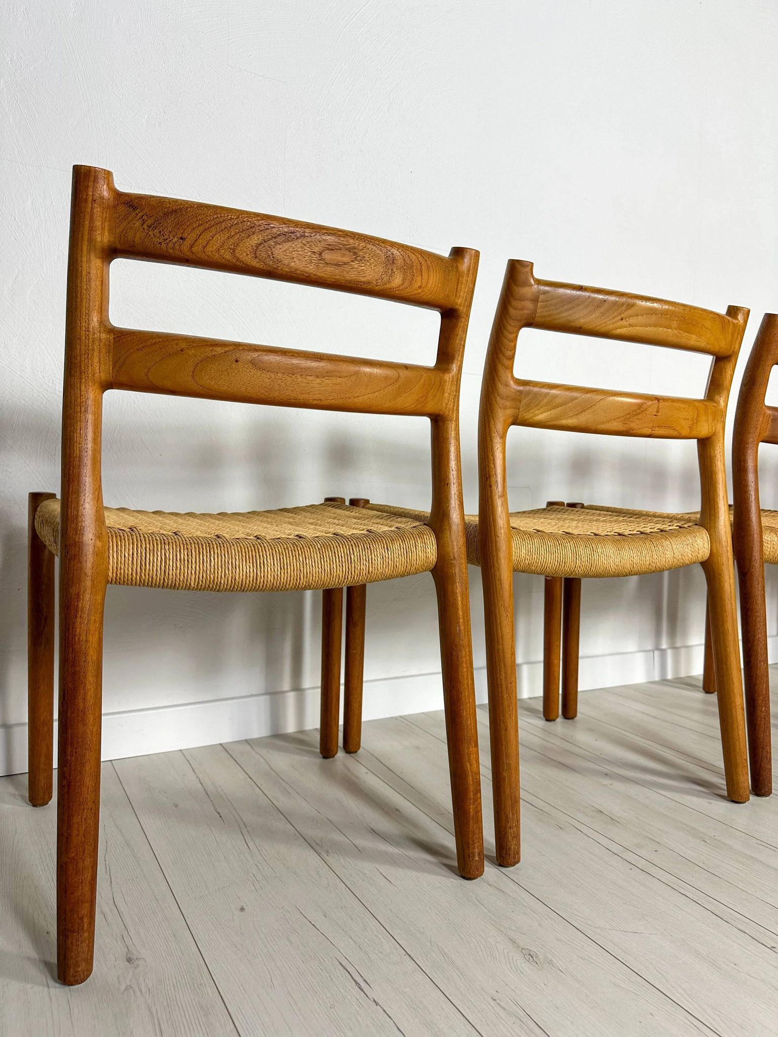 1960s Set of 6 Danish Teak Papercord Dining Chairs Model 84 by Niels Møller