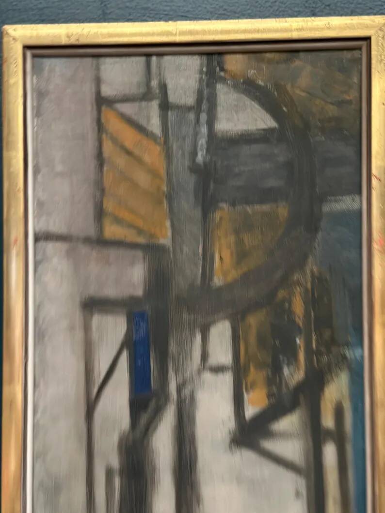 Original Danish Oil on Canvas – “Gul Figurkomposition” by P. Primdahl – Signed – Dated 1958 – Vintage & Framed – 43 × 27 cm (16.9" × 10.6")