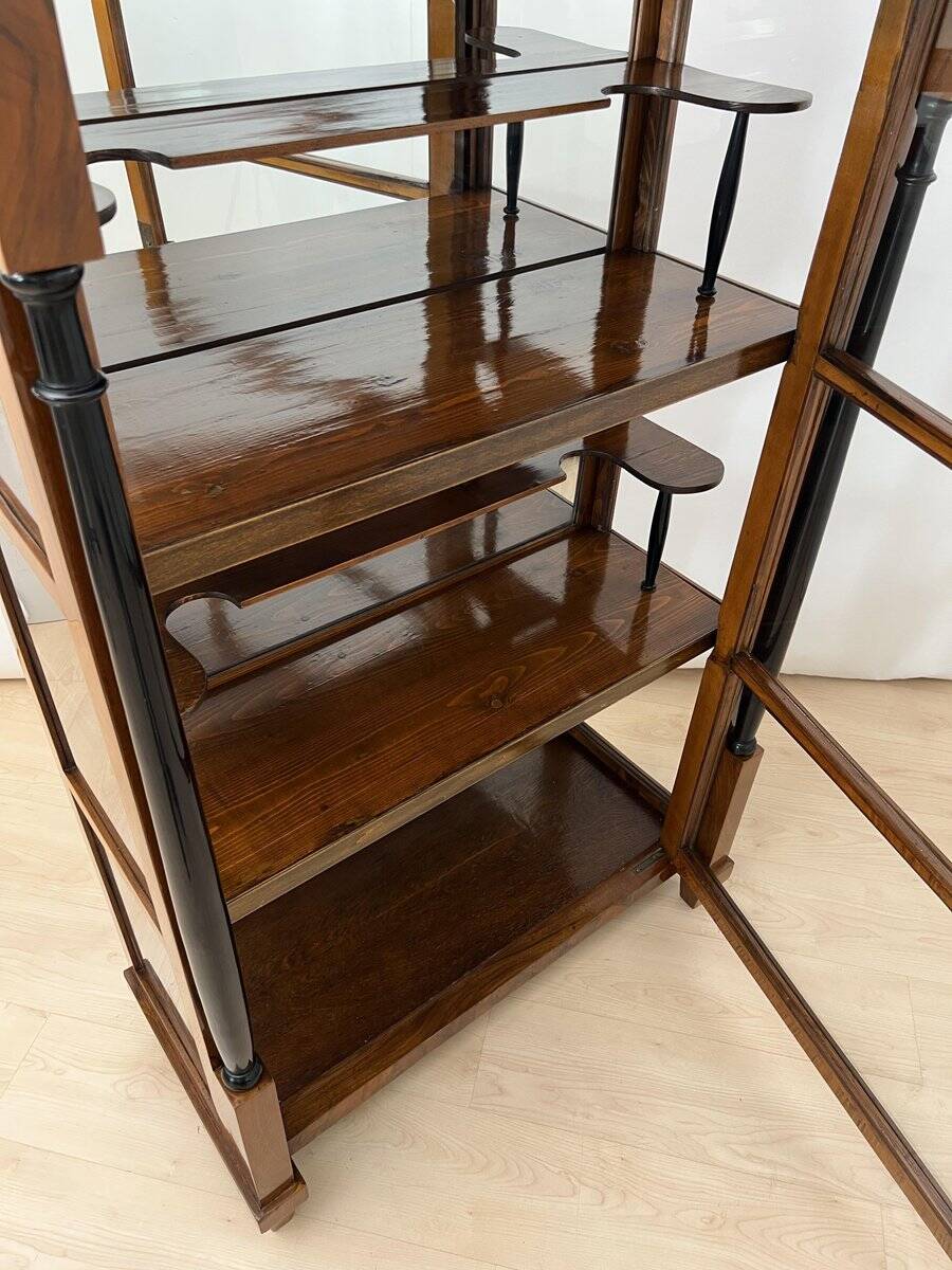 Biedermeier Vitrine in Walnut & Brass with Three Sides Glazed, South Germany, 1830