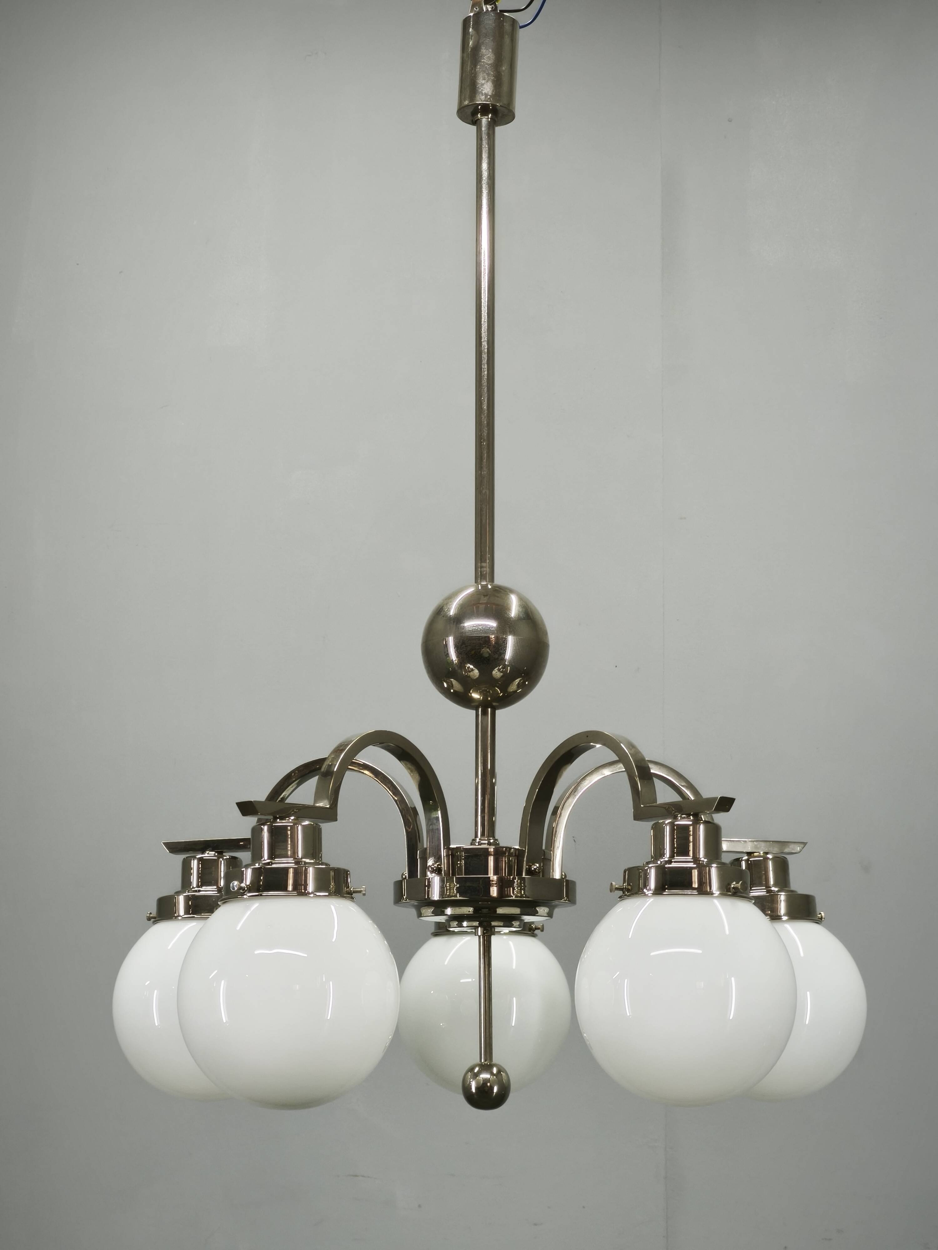 Art Deco Five-Light Chrome Chandelier, Czechoslovakia, 1930s