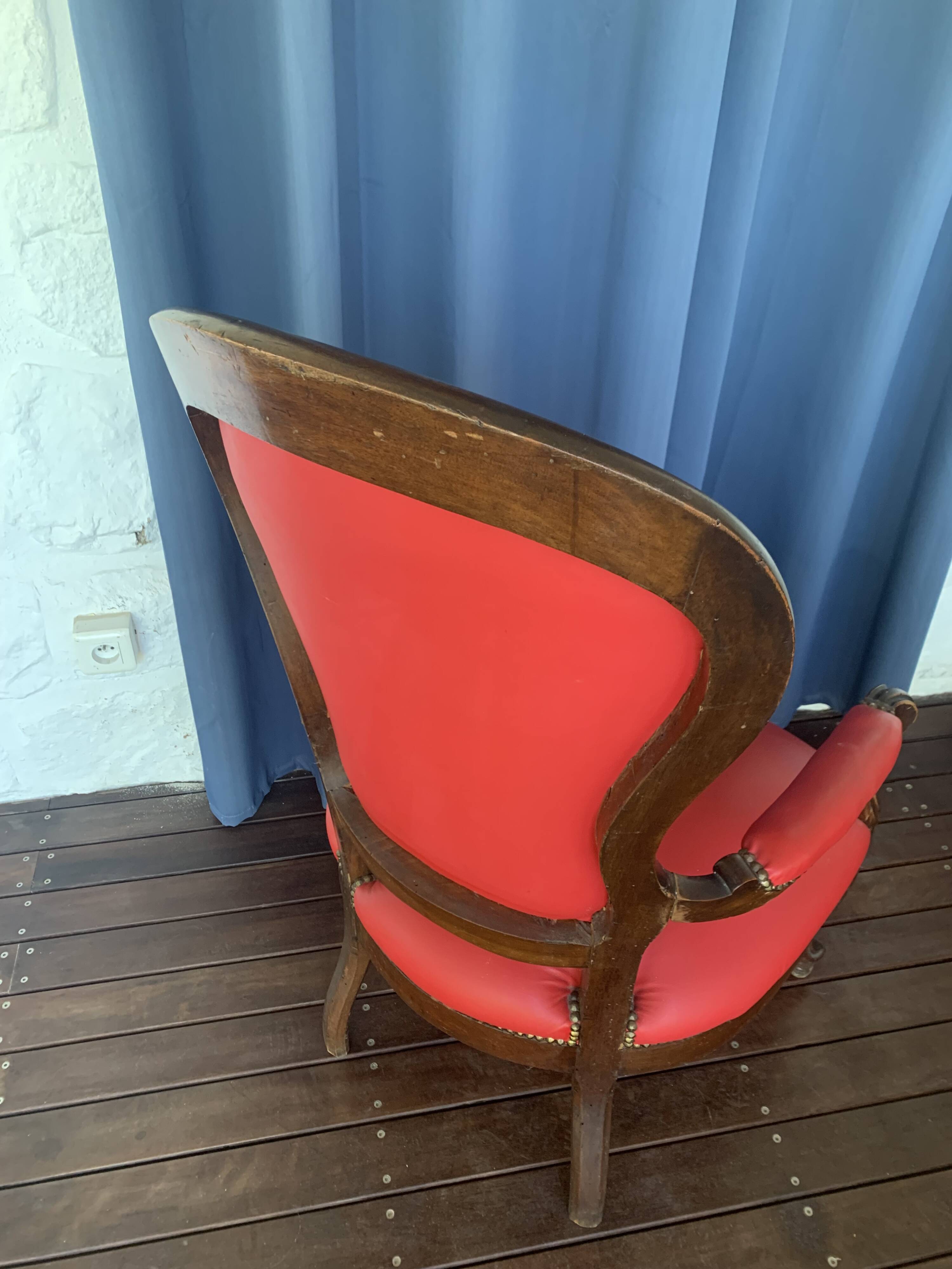 Antique solid wood armchair – Louis XV style – red upholstery, 19th century