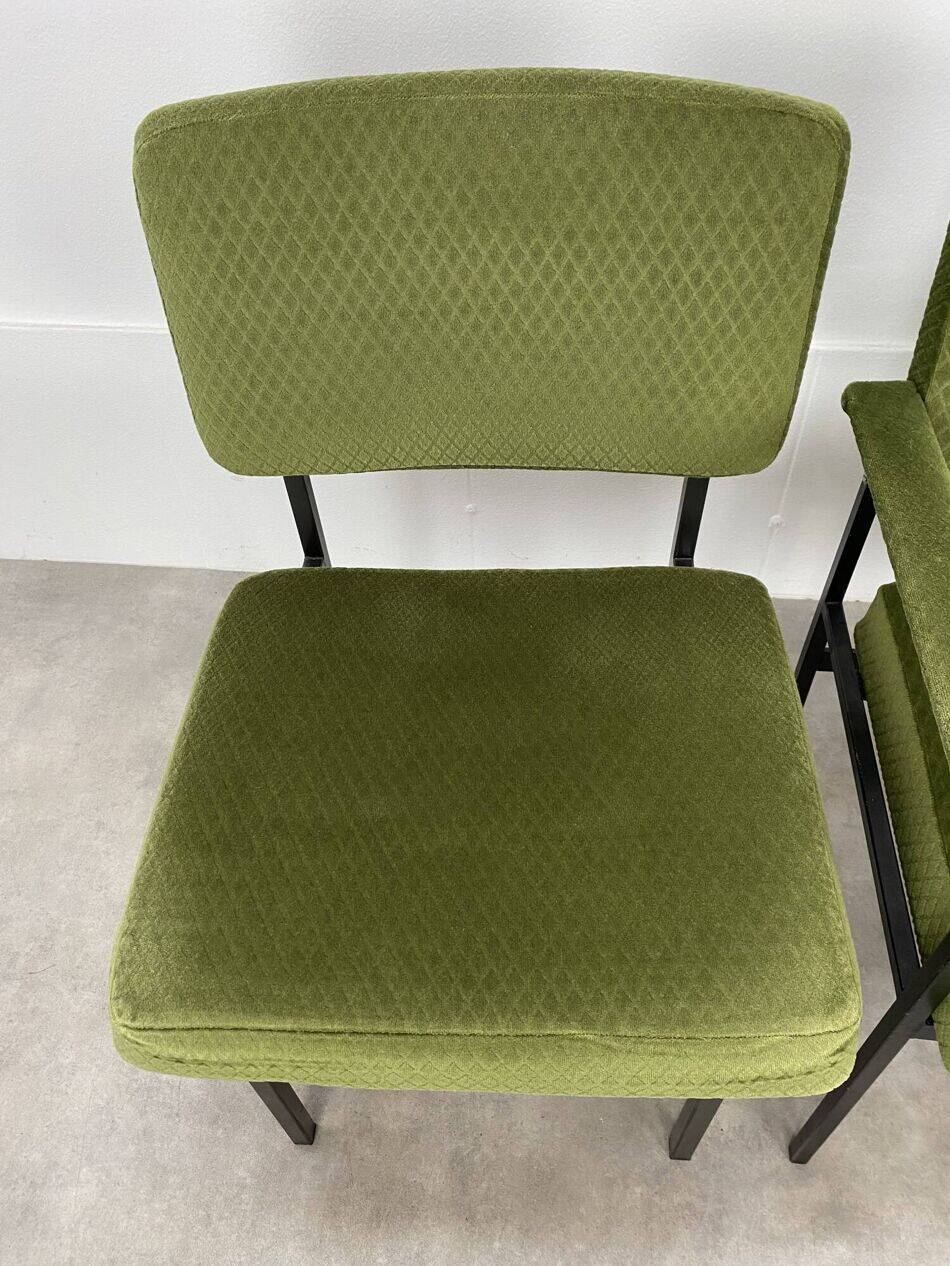 2 chairs and 1 office armchair from the 1950s in green velvet and black metal.