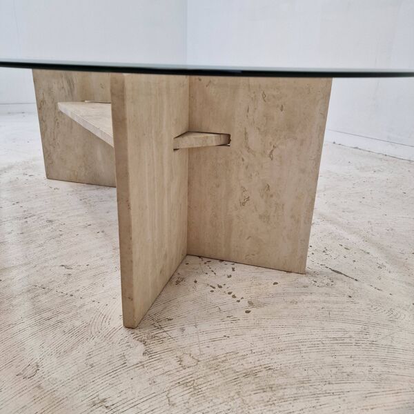 Italian Coffee Table in Travertine and Facet Cut Glass, 1980s