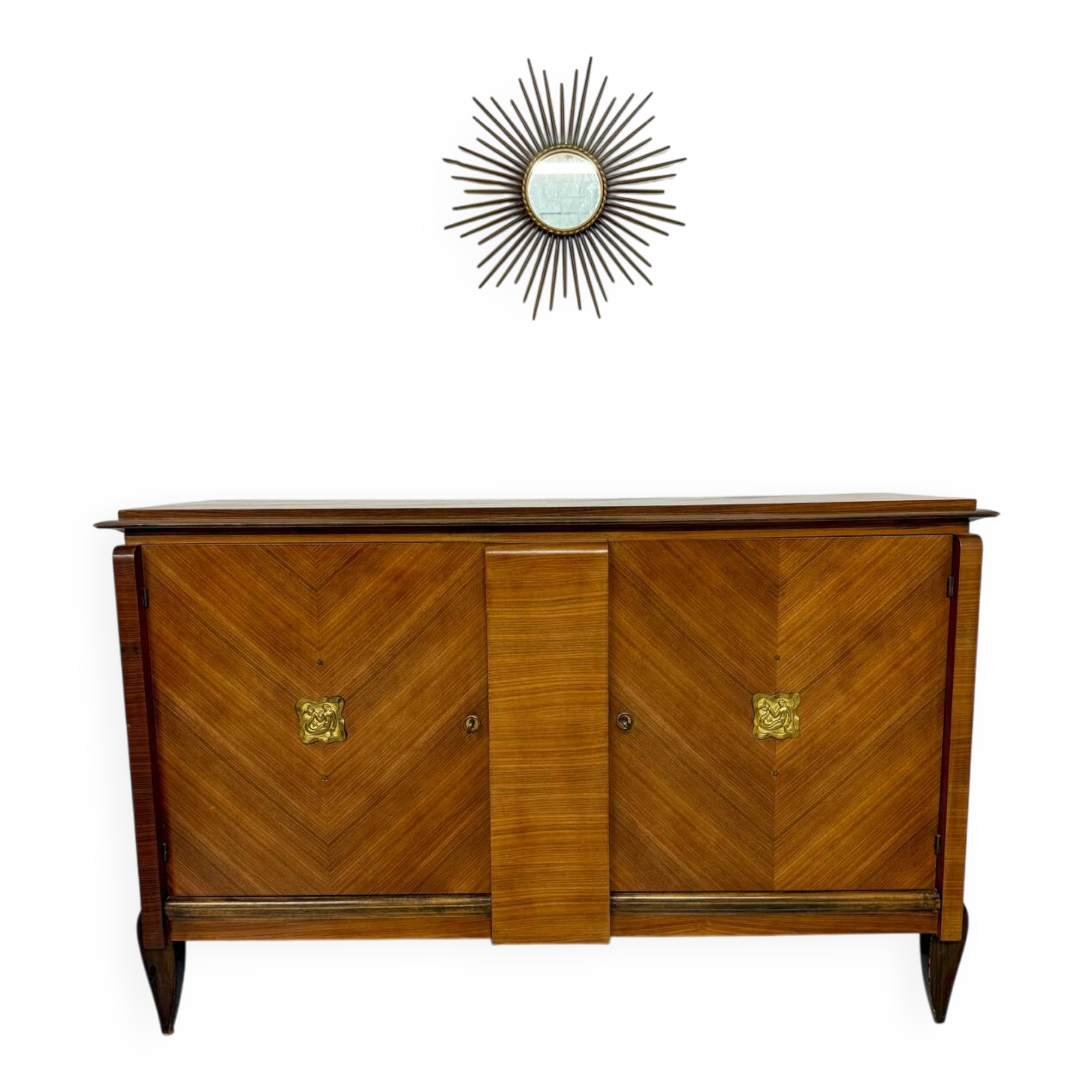 Antique art deco sideboard from the 1930s with veneered wood and bronze insert