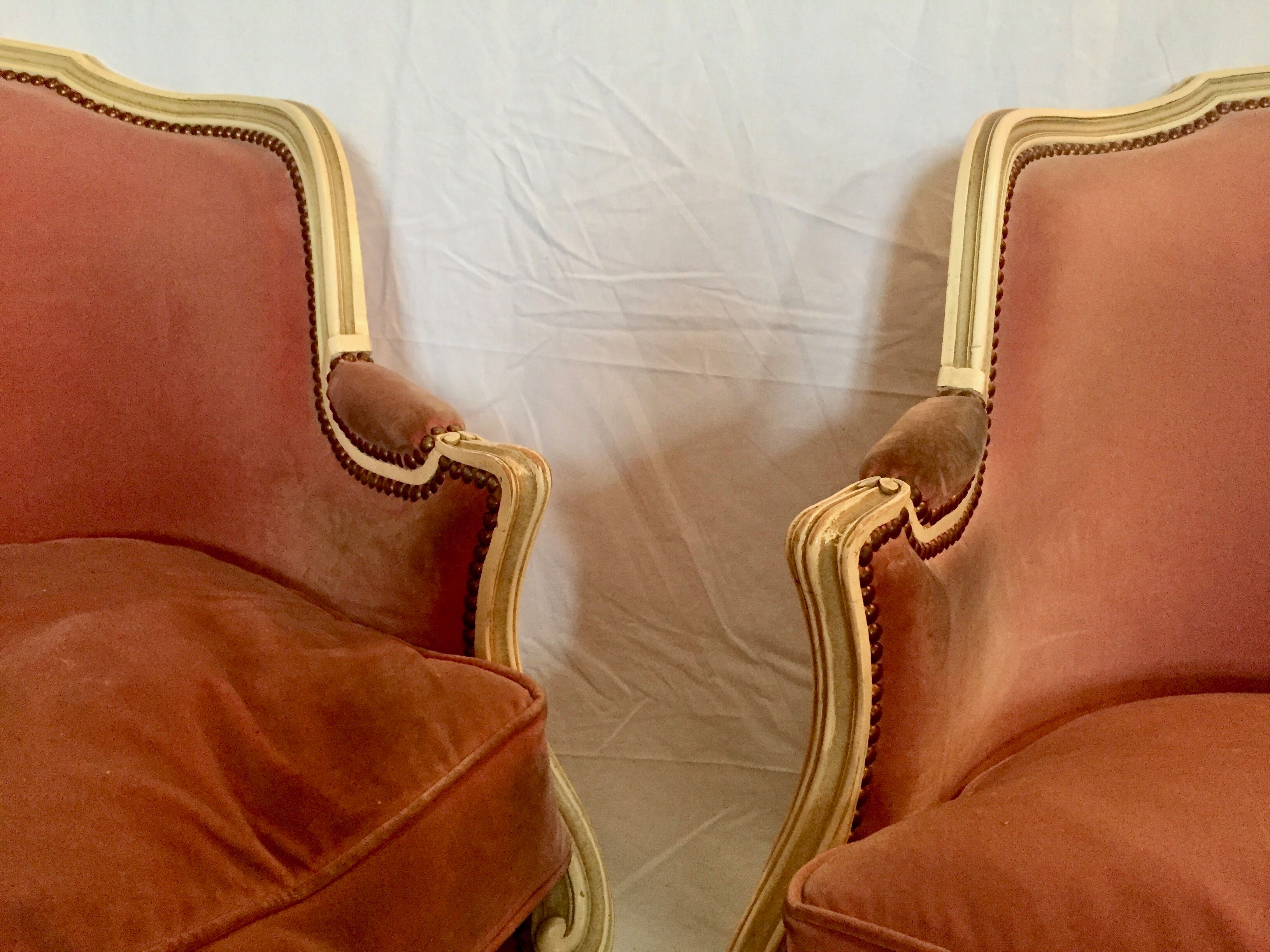 Pair of armchairs in wood and velvet, early 20th century