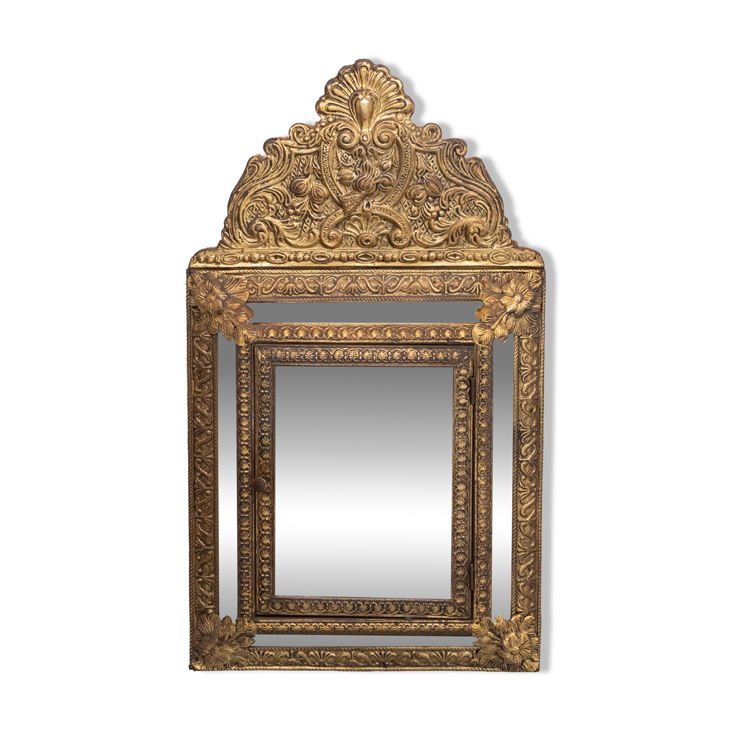 Antique Dutch Brass Ornate Repousse hanging Mirror Hall Cabinet