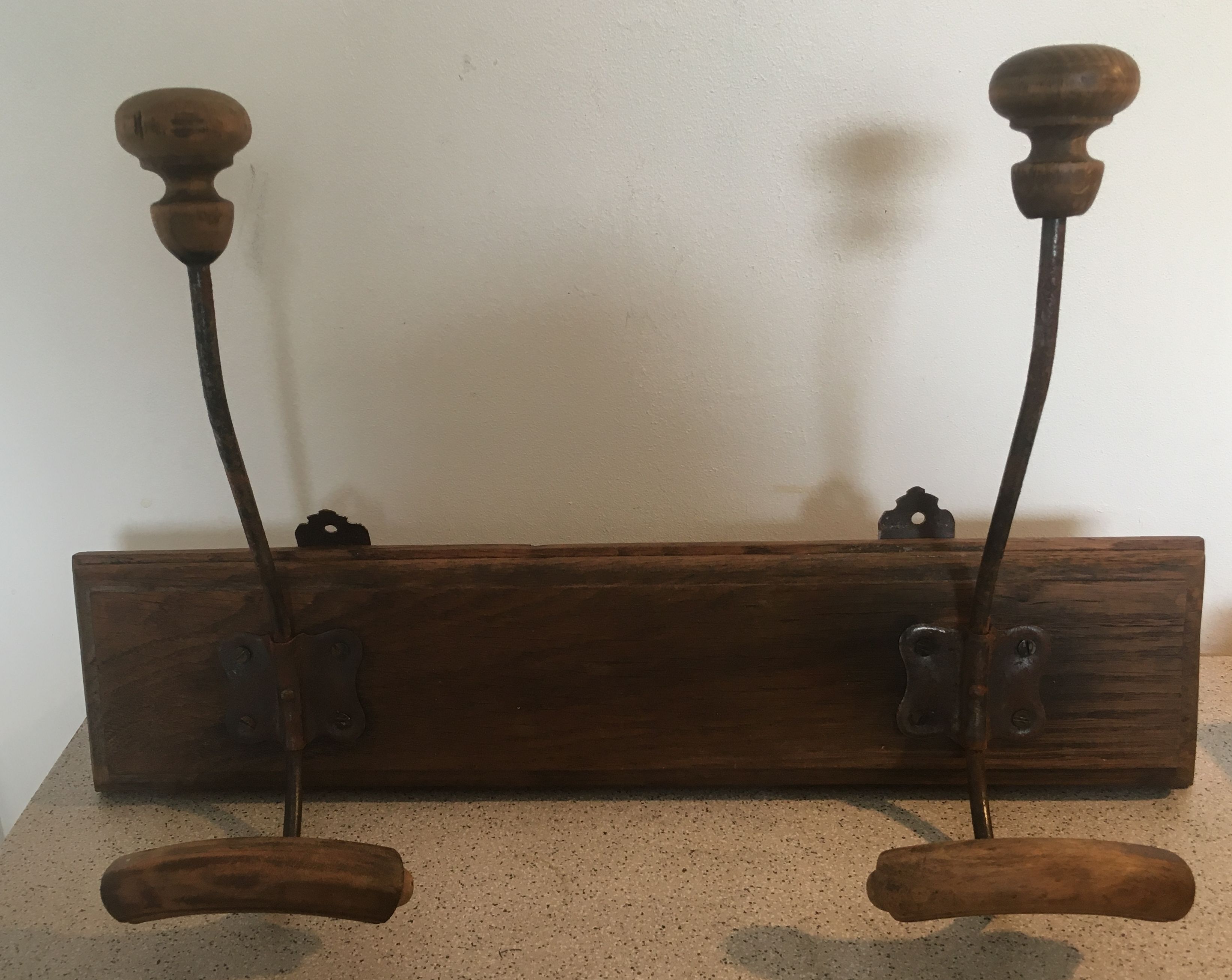 Vintage wooden coat rack 2 metal hooks