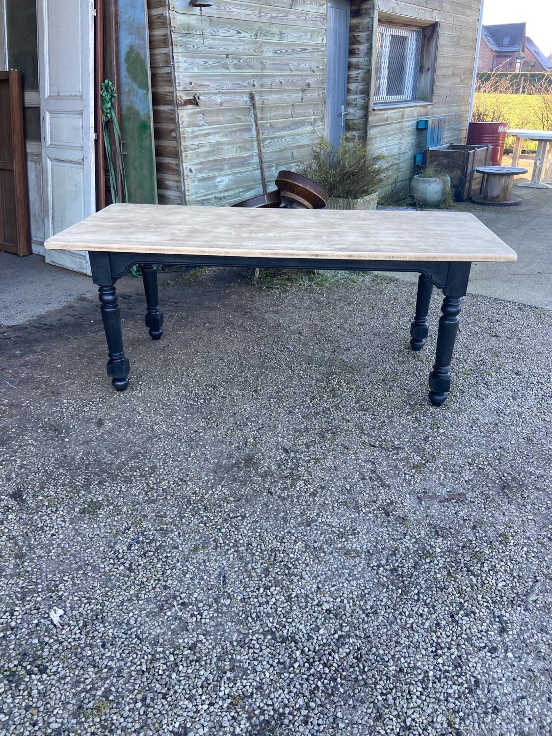 Wood and black farmhouse table