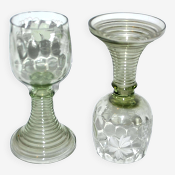 Roemer old rhine wine glass in light green white enamelled blown glass
