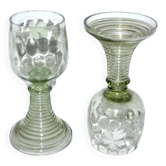 Roemer old rhine wine glass in light green white enamelled blown glass