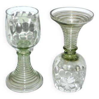 Roemer old rhine wine glass in light green white enamelled blown glass