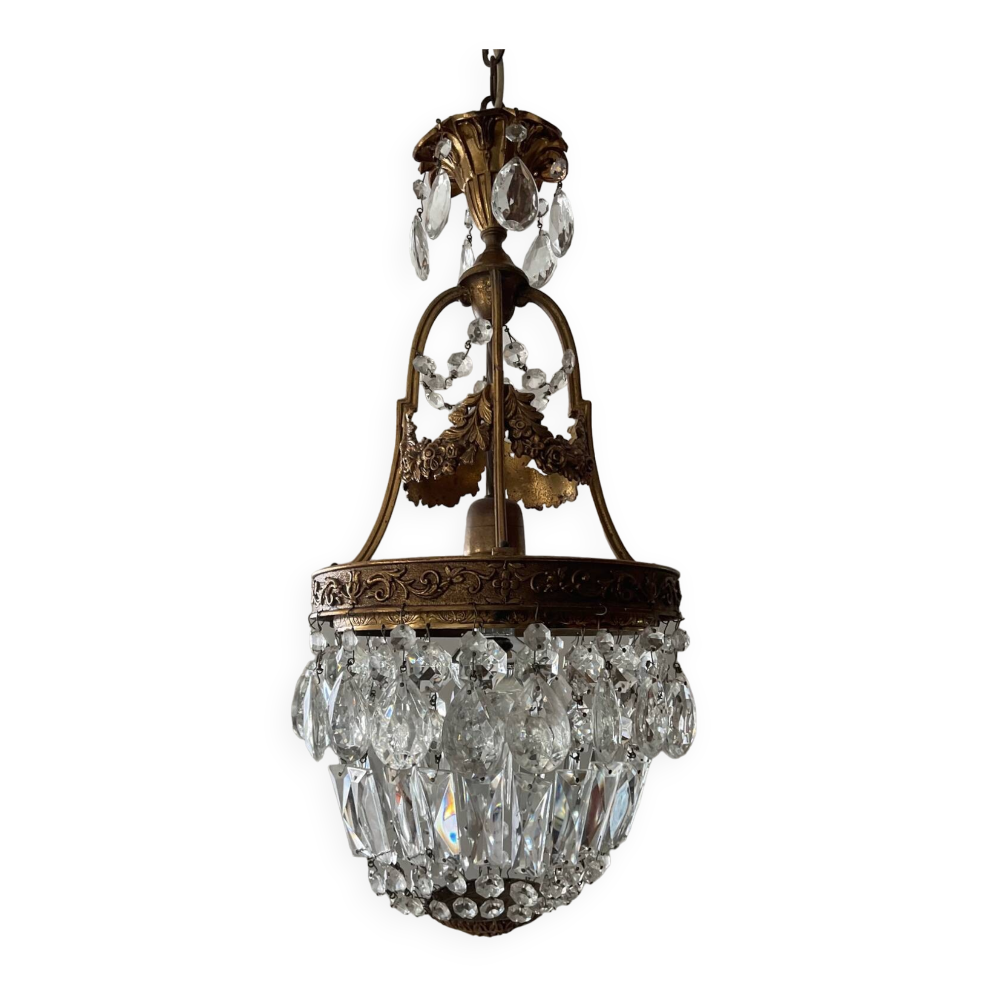 Old bronze basket chandelier with tassels