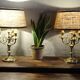 Copper candlesticks adapted as bedside lamps, the pair.